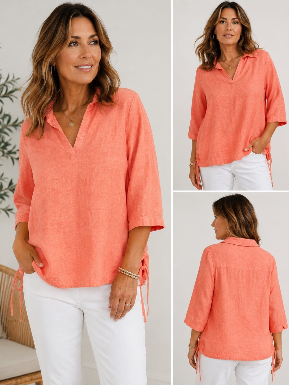 Isaac Mizrahi Linen Blend Popover Tunic Top Coral Peach Lagenlook beach summer1X